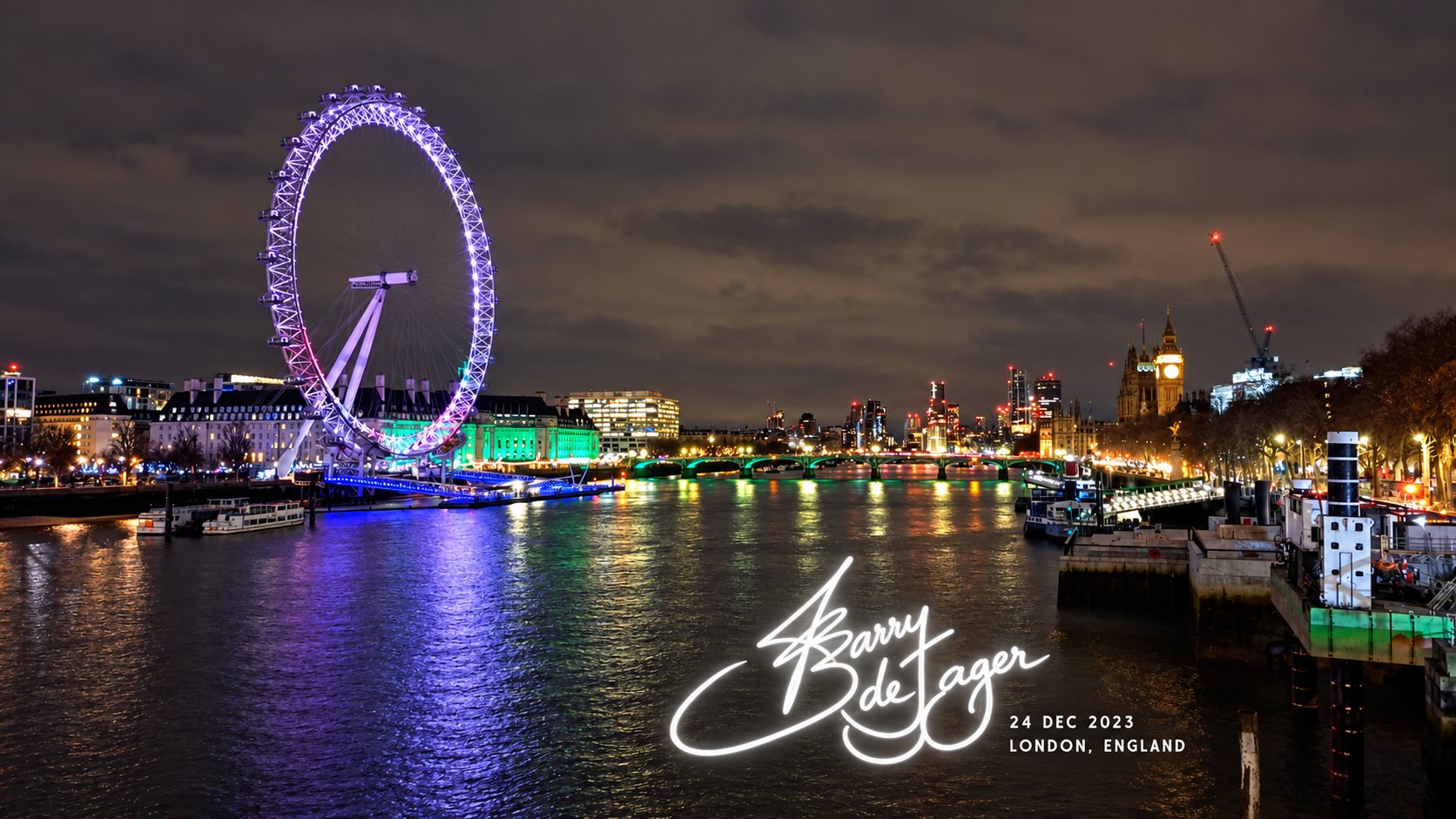 The London Eye and Big Ben lit up at night above the River Thames